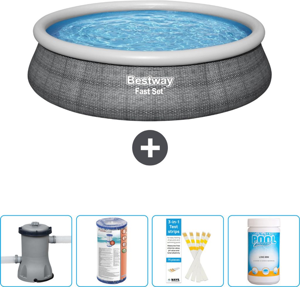 Bestway runder aufblasbarer Fast-Set-Pool – Rattan-Druck – 457 x 84 cm – inklusive Pumpe Filter - Teststreifen - Chlor