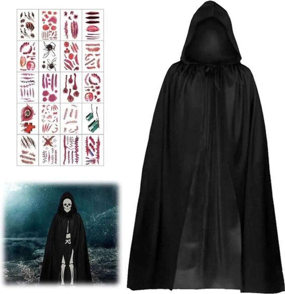 Déguisement de vampire avec cape noire à capuche et tatouages de fête
