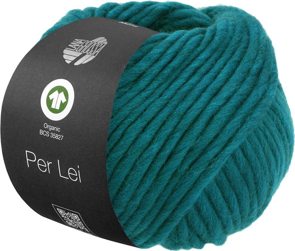 A ball of teal yarn with a black label wrapped around it.