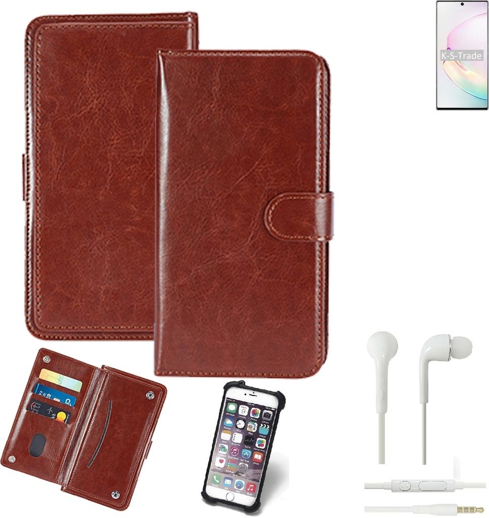 K-S-Trade 360° Hülle kompatibel mit Samsung Galaxy Note10+ 5G SD855 inkl. Headphones braun Kunstleder Case BookCase WalletCase Kunstlederederhülle