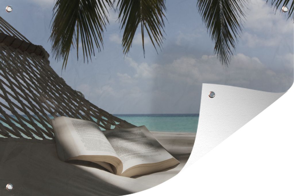 MuchoWow 90x60 cm Outdoor-Poster Gartendeko Sichtschutz Garten Poster für den Garten Hängematte - Buch - Strand