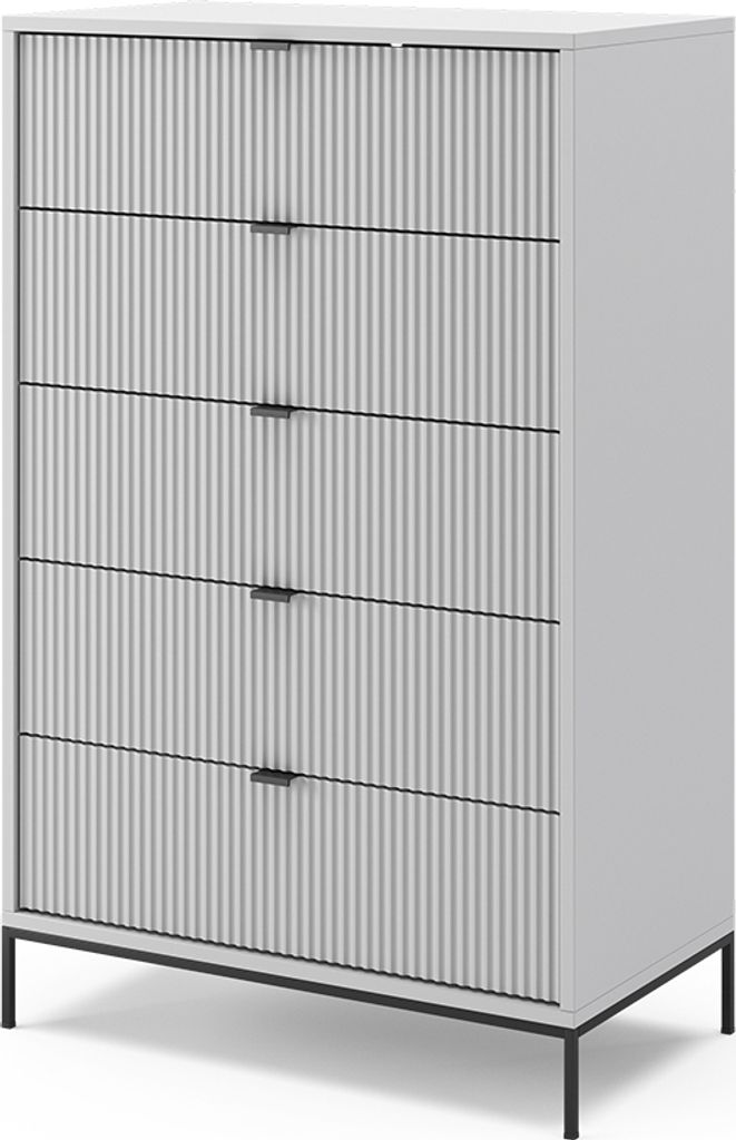 A gray chest of drawers with black handles and legs, shown from a slight diagonal angle against a white background.