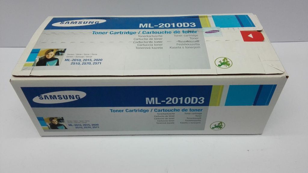 A Samsung toner cartridge box, viewed from a slightly elevated angle.