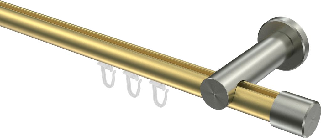 Interdeco Innenlaufstange / Gardinenstange mit Innenlauf Messing-Optik / Edelstahl-Optik, Typ Platon Santo (Kappe), 20 mm Ø 1-läufig, 120 cm