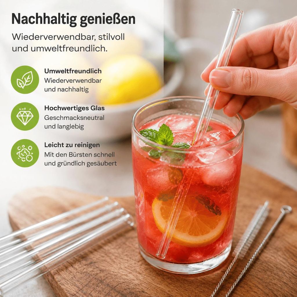 20 Glas Strohhalme + 5 Bürsten Trinkhalme Glashalme