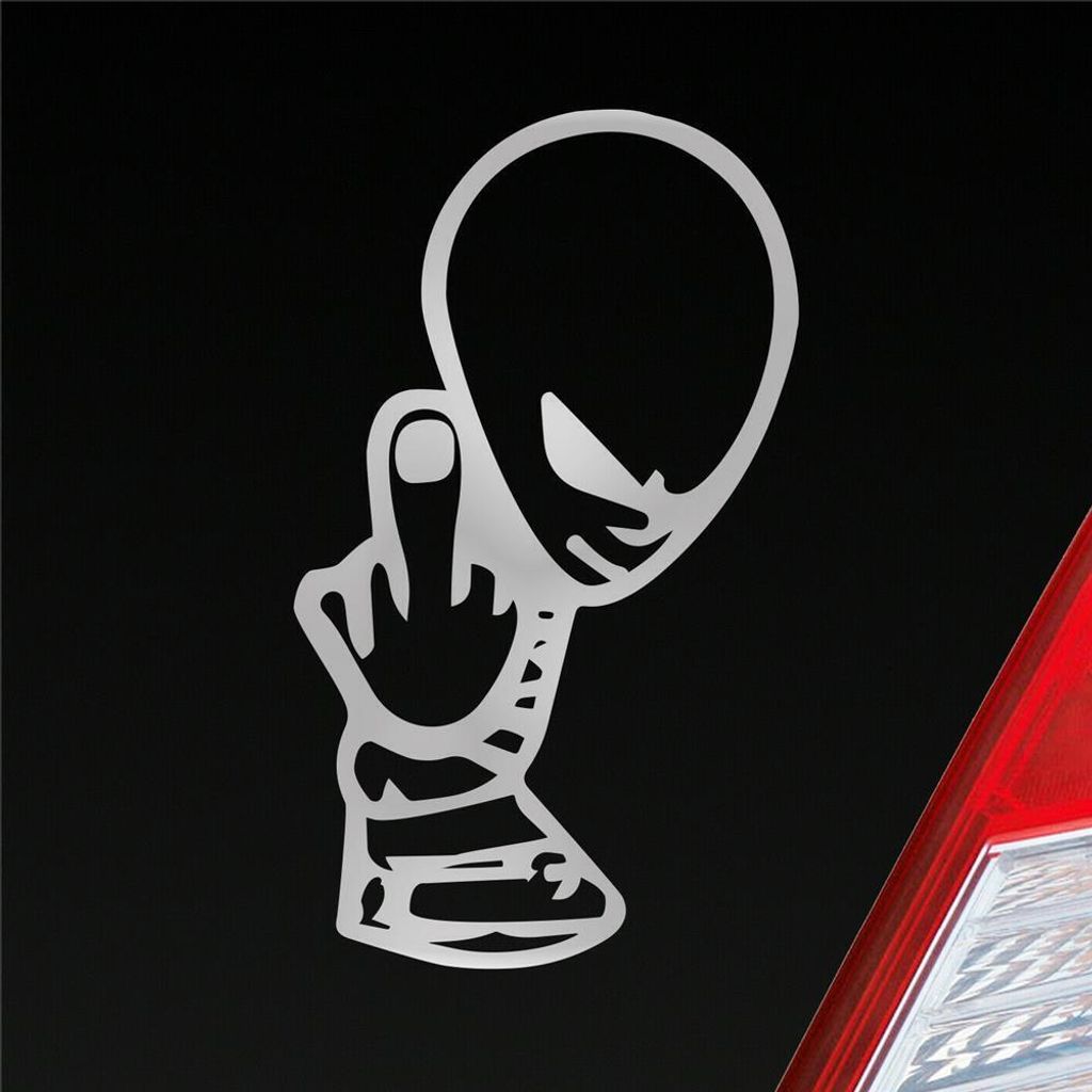 Auto Aufkleber Alien Außerirdischer Mittelfinger Tuning 12x7 cm Silber Sticker Heckscheibenaufkleber