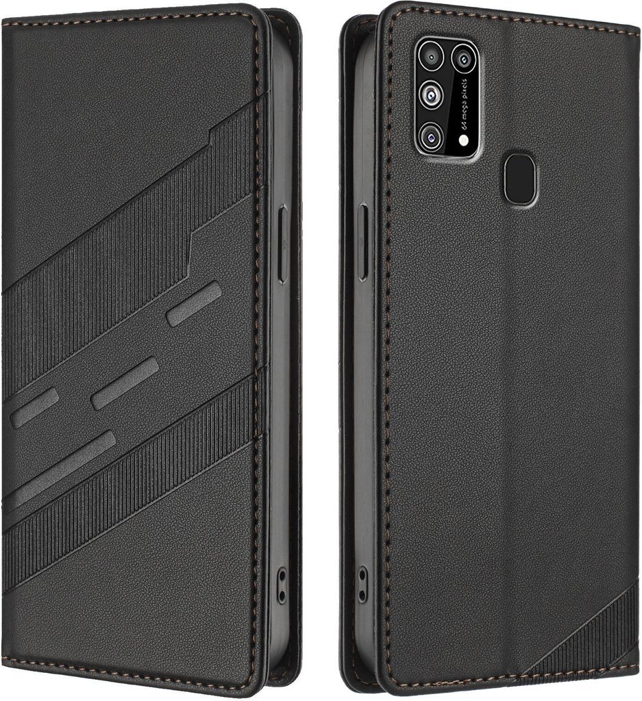 Hülle für Samsung Galaxy M31, Kunstleder Brieftaschen Handyhülle mit Kartenfach und Standfunktion Schwarz