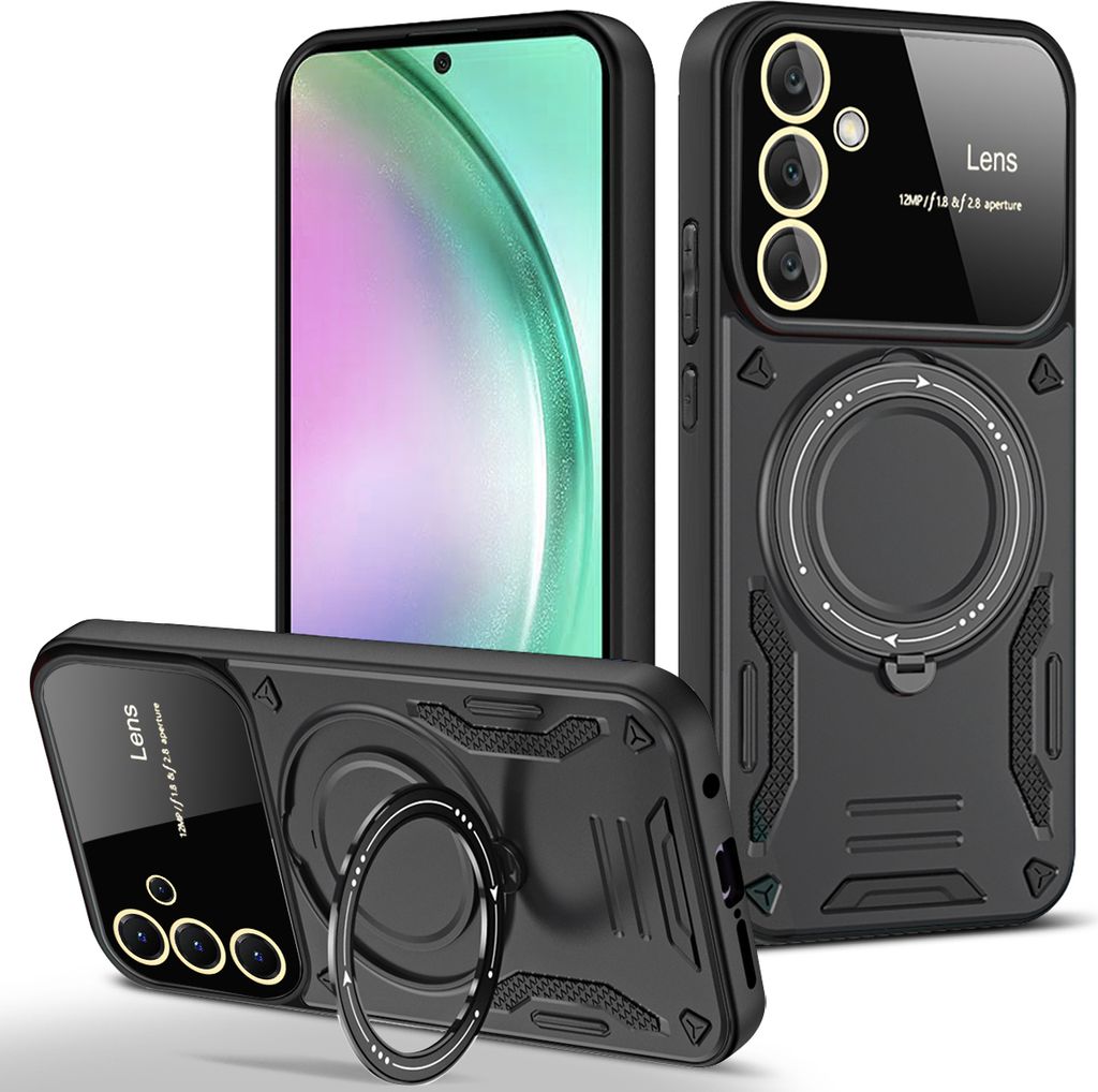 Rüstung Handyhülle für Samsung Galaxy A55 Dual-Layer Ringhalter Ständer Hülle Schwarz