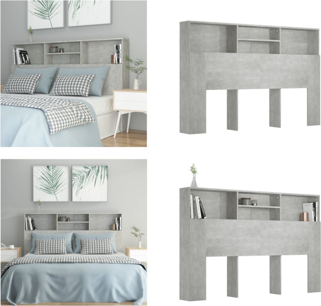 vidaXL Bett Kopfteil mit Ablagen Betongrau 160x19x103,5 cm - Kopfteil-Schrank - Kopfteil-Schränke - Bett-Kopfteil - Bett-Kopfteil-Schrank