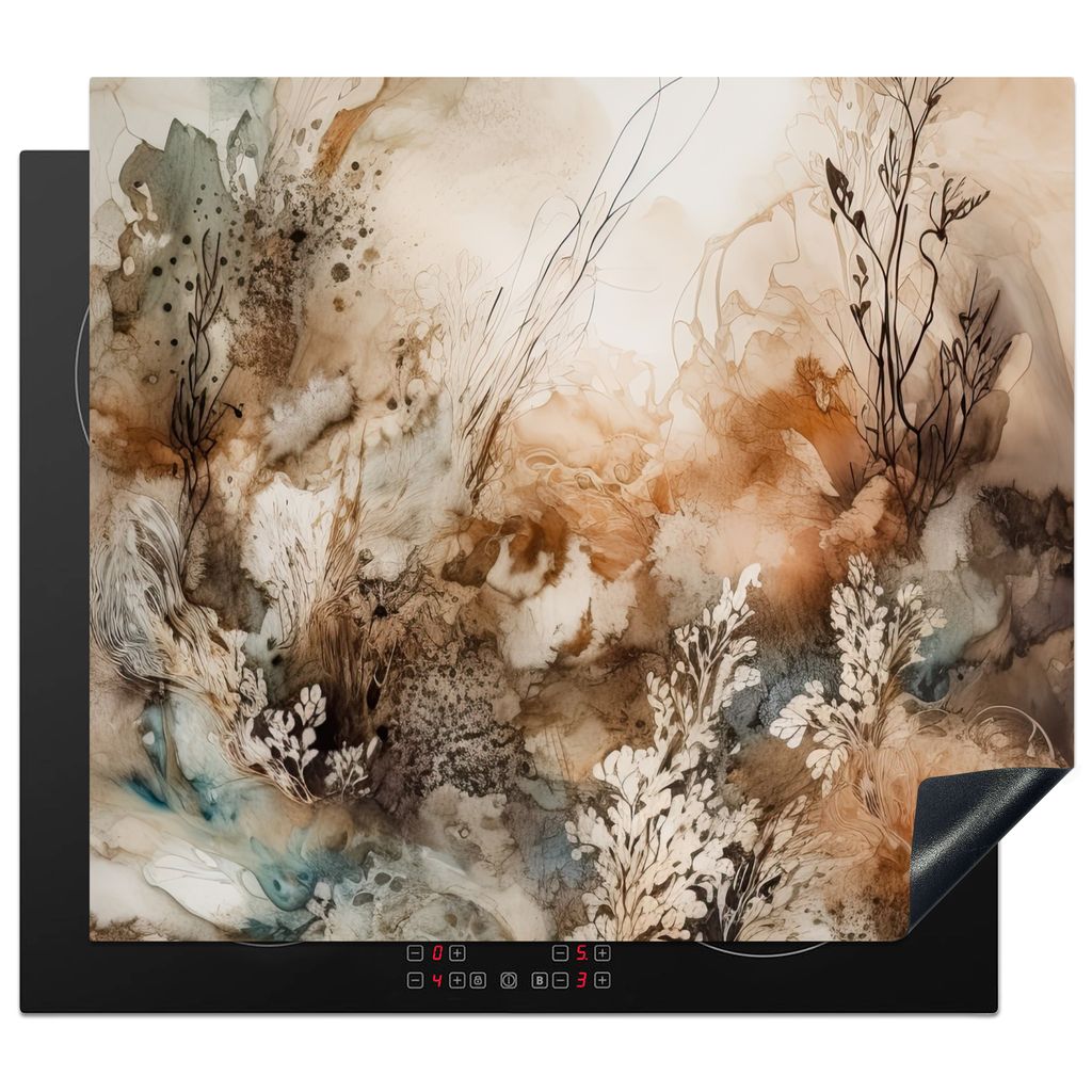 KitchenYeah Herdabdeckplatte Beige - Abstrakt - Blumen , 58x51cm, Küche Deko, Glaskeramikkochfeld Herdabdeckung, Abdeckplatte fùr Kochfeld