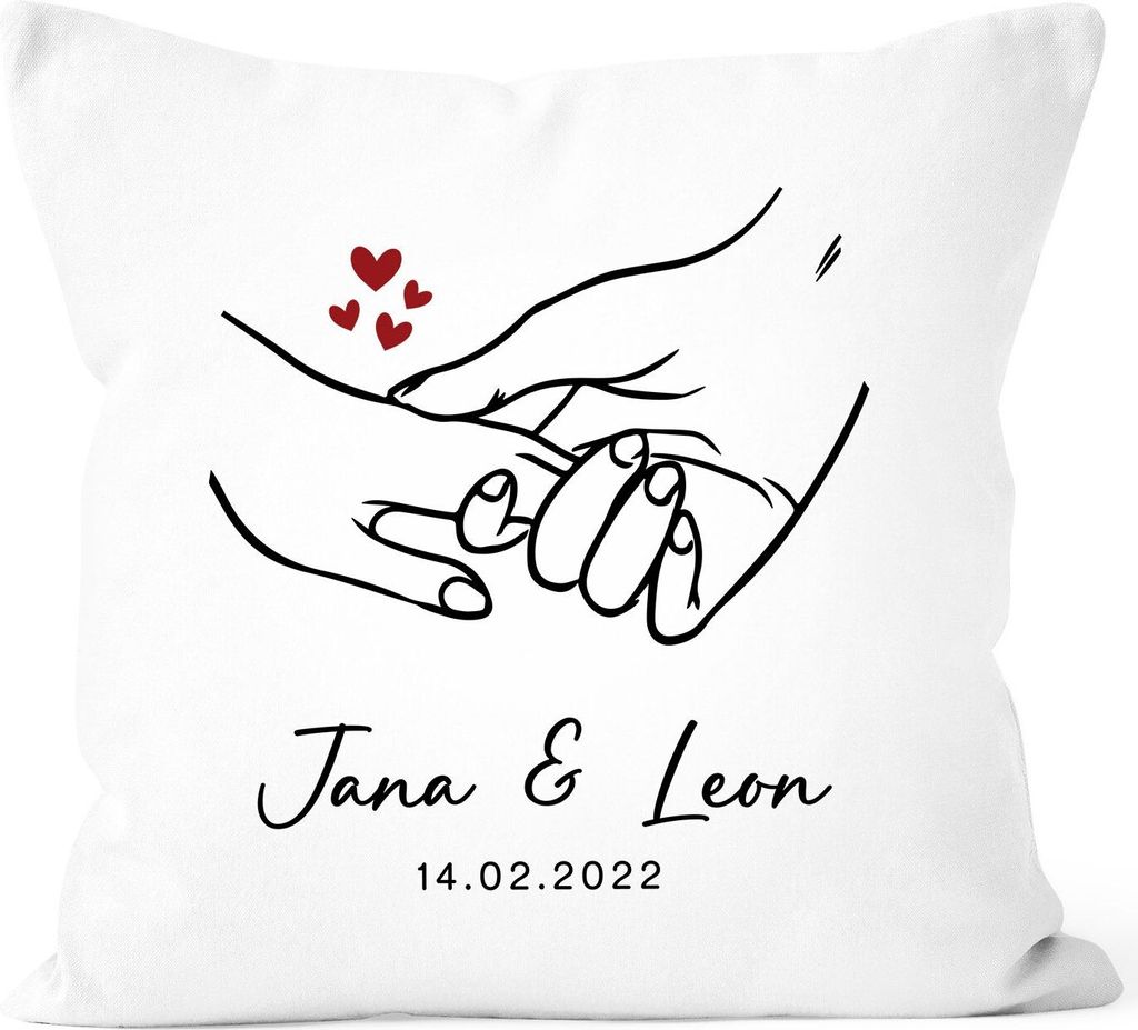 Kissen-Bezug Geschenk Liebe Motiv Hände Herzen personalisierbar mit Namen und Datum SpecialMe Variante 3 weiß standard