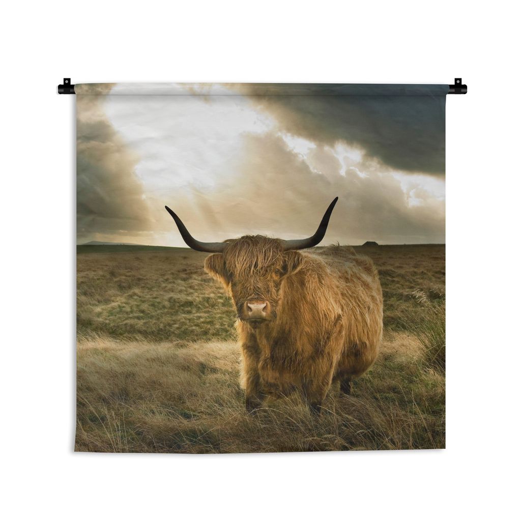 MuchoWow Wandteppich Wandbehang Schottisches Hochlandrind - Sonne - Tiere 150x150 cm Tapisserie Dekoration Wandtuch - Wohnaccessoires - Modernes