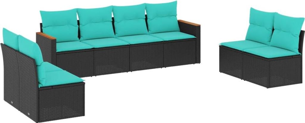 8-teiliges Gartensofa-Set mit Kissen, schwarzes Polyrattan
