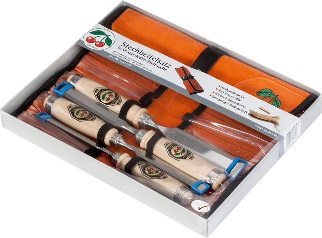 Kirschen Stechbeitelsatz Breite 10 16 20 26 mm in Lederrolltasche Weißbuchenheft - 1151000