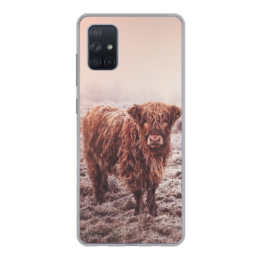 MuchoWow Handyhülle Schutzhülle Hülle für Samsung Galaxy A71 Schottische Highlander - Schnee - Sonne Silikon Softcase Handy Hülle - Kartenbe...