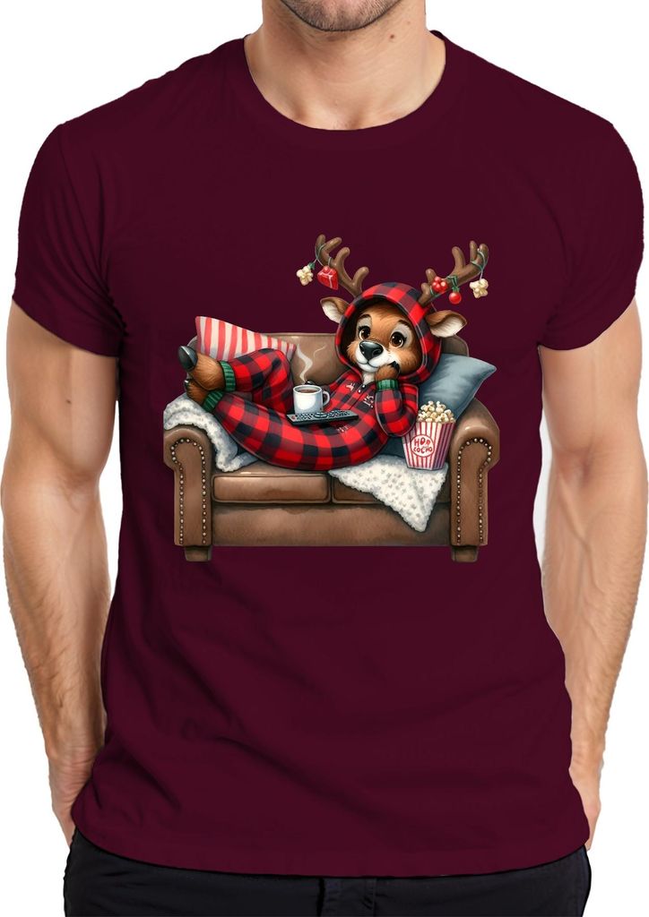 Rentier Weihnachten Kuschelig Buffalo Karo Onesie Filmabend Herren T-Shirt, Burgundy, 3XL