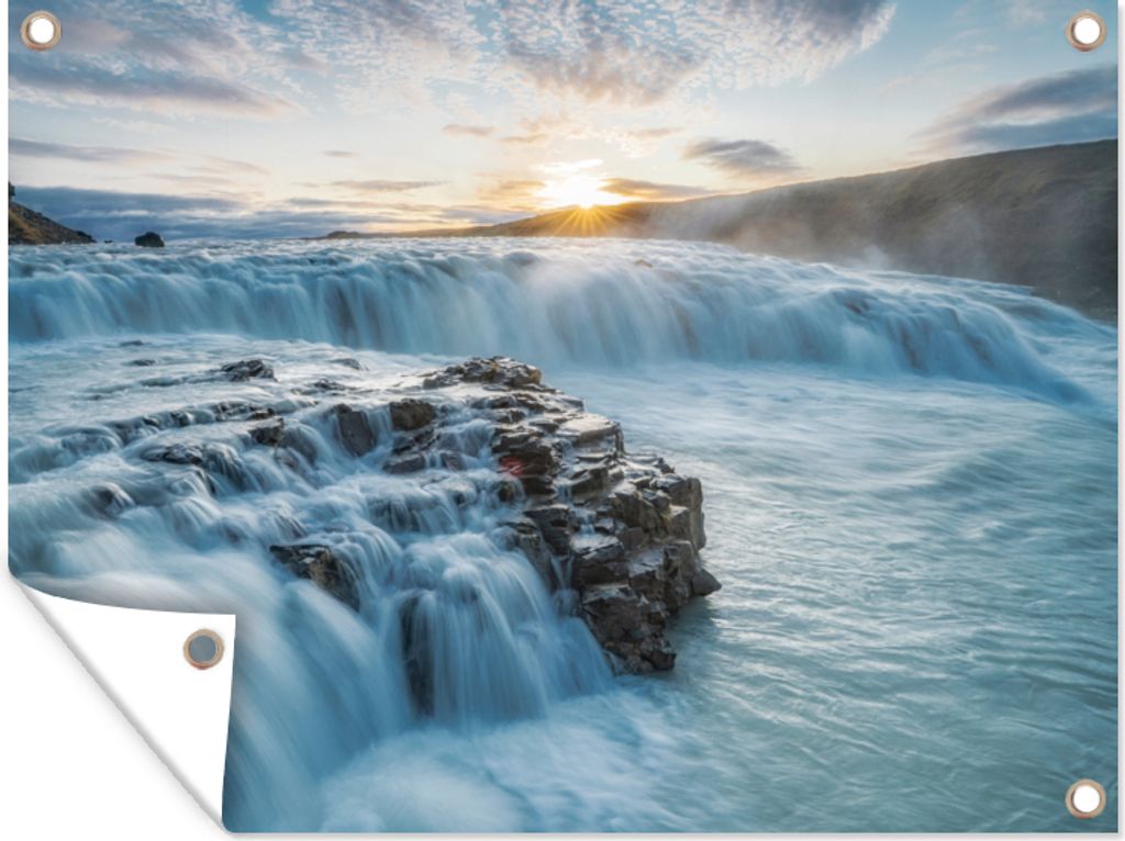 MuchoWow 80x60 cm Outdoor-Poster Gartendeko Sichtschutz Garten Poster für den Garten Wasserfall - Wasser - Steine - Sonne - Natur