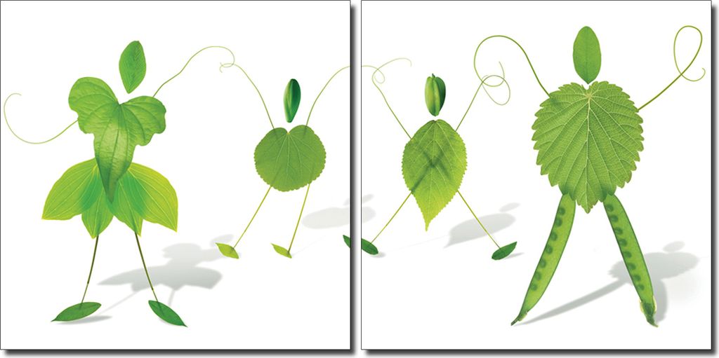 Bild 2er Set grüne Blätter Männchen Familie Holzfaserplatte Kunstdruck Wandbild 2 mal 50x50 cm