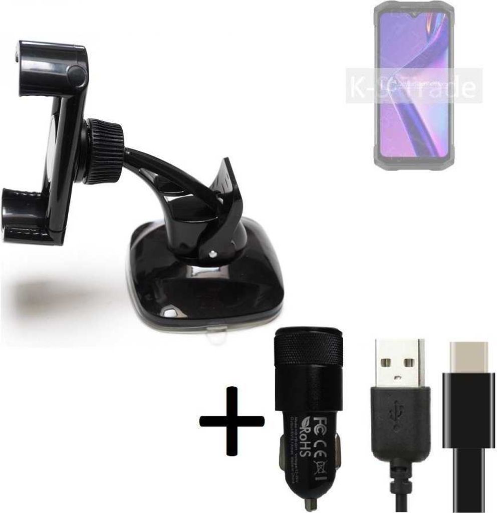 K-S-Trade Handy-Halterung kompatibel mit Doogee S98 Pro Windschutzscheibe / Armaturenbrett + LADEGERÄT mit Mico USB Kabel Autohalterung