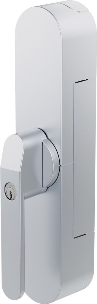 A product shot of a silver door lock.