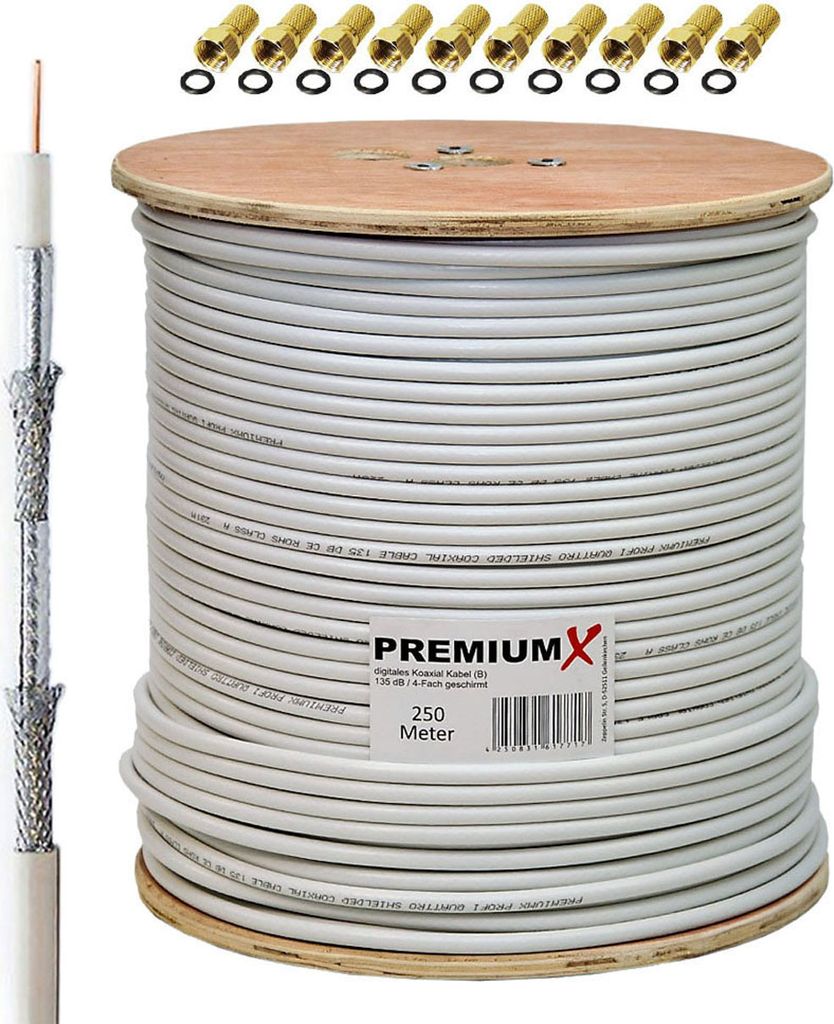 PremiumX 250m BASIC Koaxialkabel 135dB 4-fach SAT Koax Produktbild 