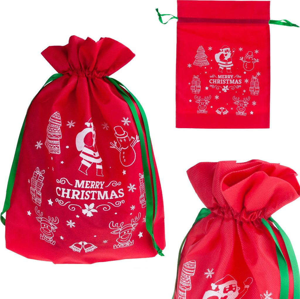 A collage of red Christmas gift bags with white festive designs.