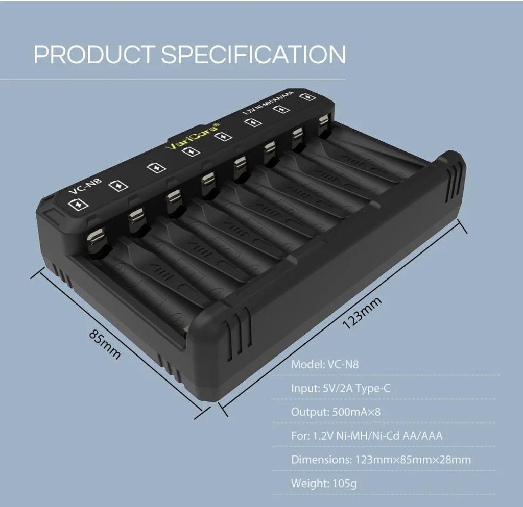 VC-N8 - 8-Schacht Smart Batterieladegerät - NiMH NiCd AA AAA 1,2 V - USB Eingang 5V 2A - Für Standardbatterien - EU-Stecker