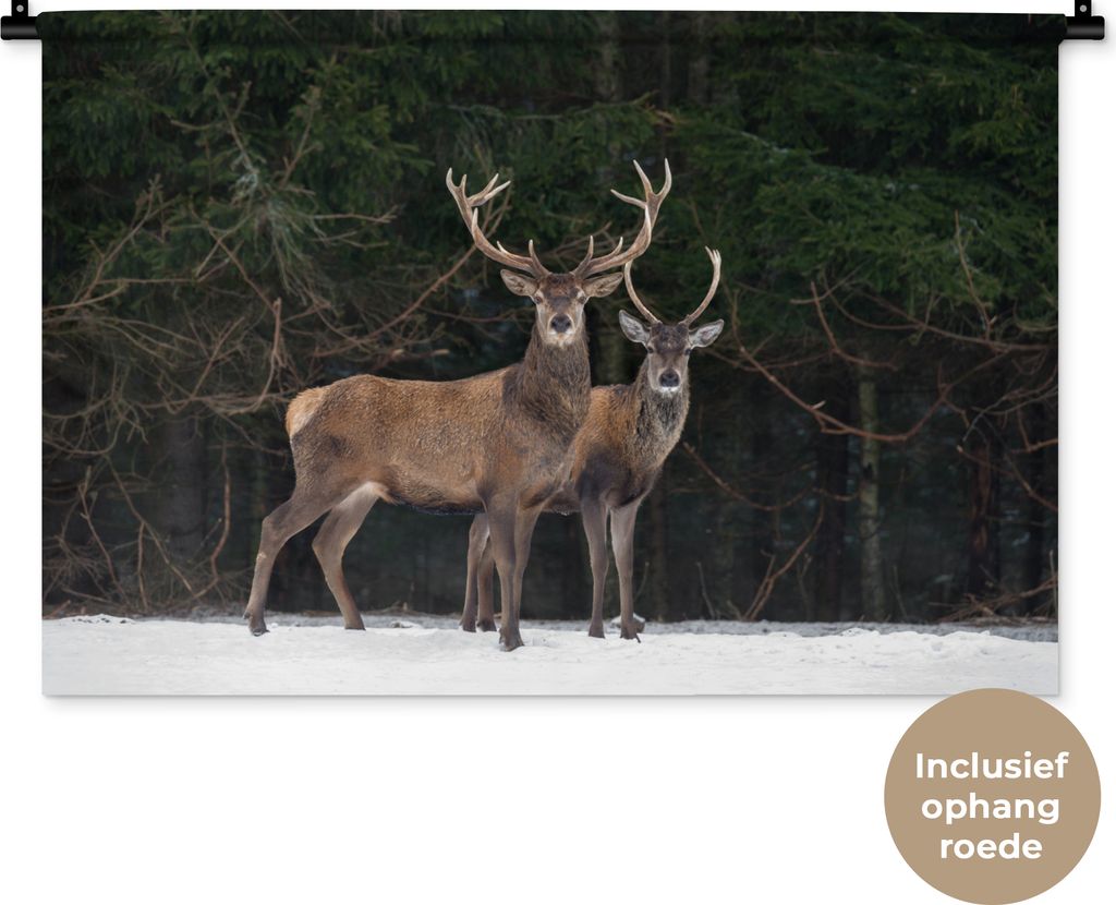 MuchoWow Wandteppich Wandbehang Rotwild - Schnee - Wald 90x60 cm Tapisserie Dekoration Wandtuch - Wandskulpturen - Bildteppich