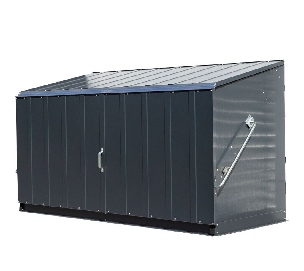A dark gray metal storage box with a slanted roof, shown against a white background.