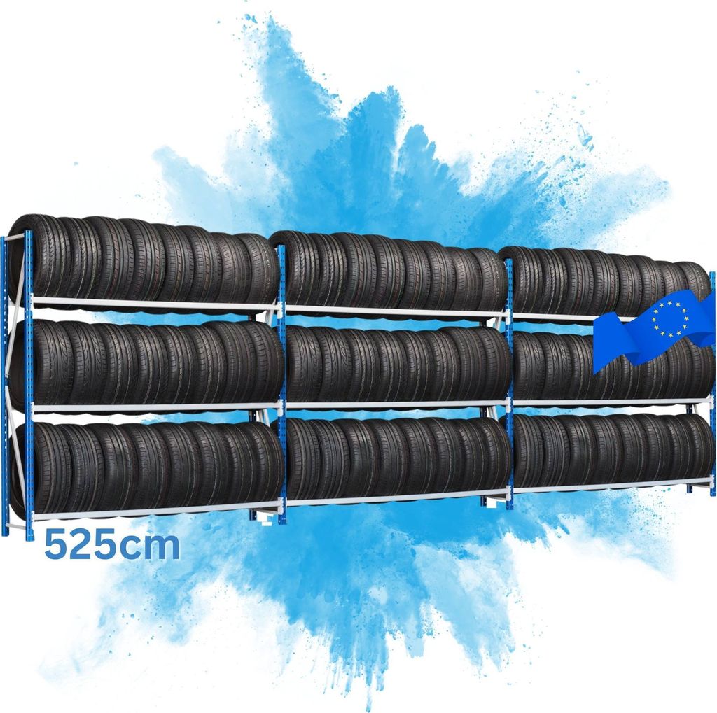 Mega Deal Reifenregal MAXIMUS Pro | HxBxT 200x525x50cm | 3 Ebenen | bis zu 23 Reifen pro Ebene | 150kg Fachlast | Lichtblau/Lichtgrau