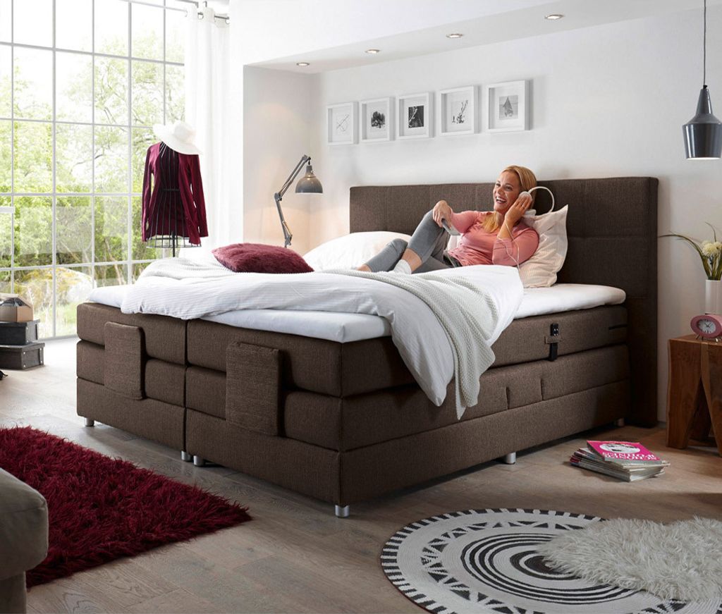 Boxspringbett Hotelbett Doppelbett MANAUS-09 in Mocca, Komfort Topper, 180 x 200 cm, H2, elektrisch verstellbar, Taschenfederkern-Matratze