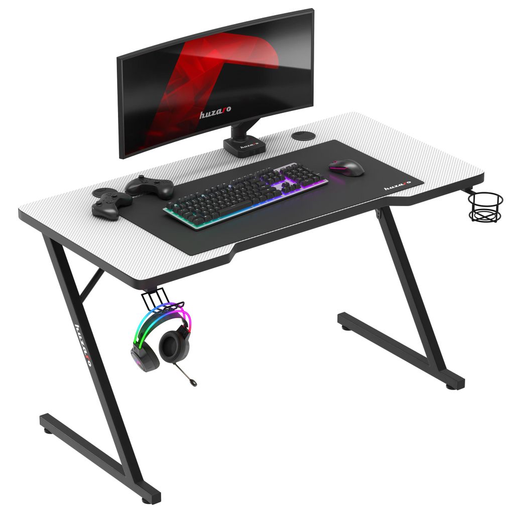 Huzaro Hero 2.5 | Gaming Tisch PC Schreibtisch Computertisch | Getränkehalter Kopfhörerhalter Carbon Tischplatte 120x60cm | Homeoffice Gamer | Weiß
