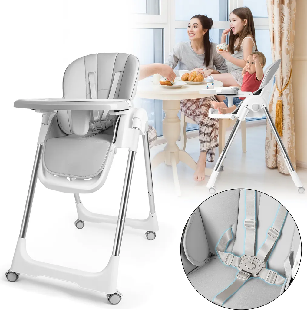 Chaise Haute Pliable LZQ Grise - Siège Bébé Réglable avec 4 Roues