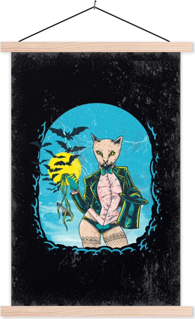 MuchoWow Textilposter Vintage - Katze - Hut 40x60 cm mit holzfarbenen Rahmen - Poster