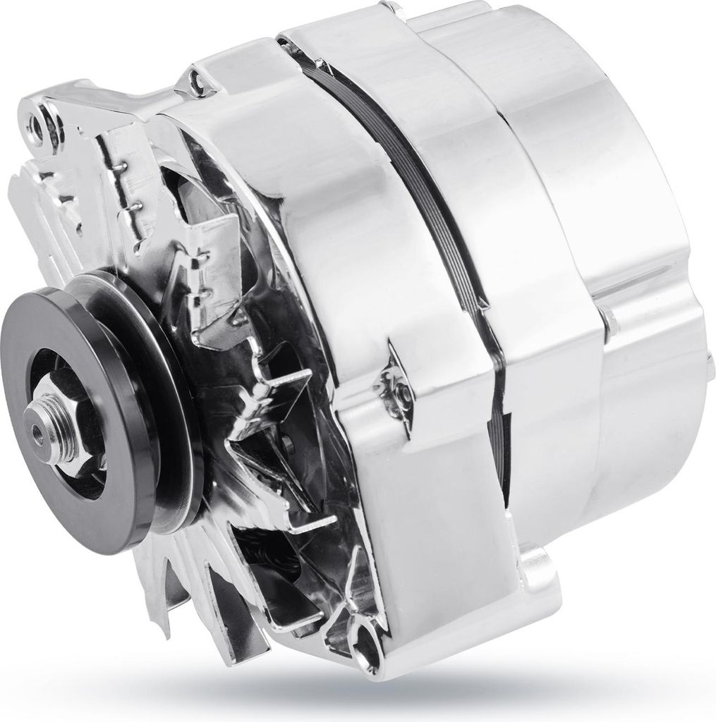 A chrome-plated automotive alternator is shown against a white background.
