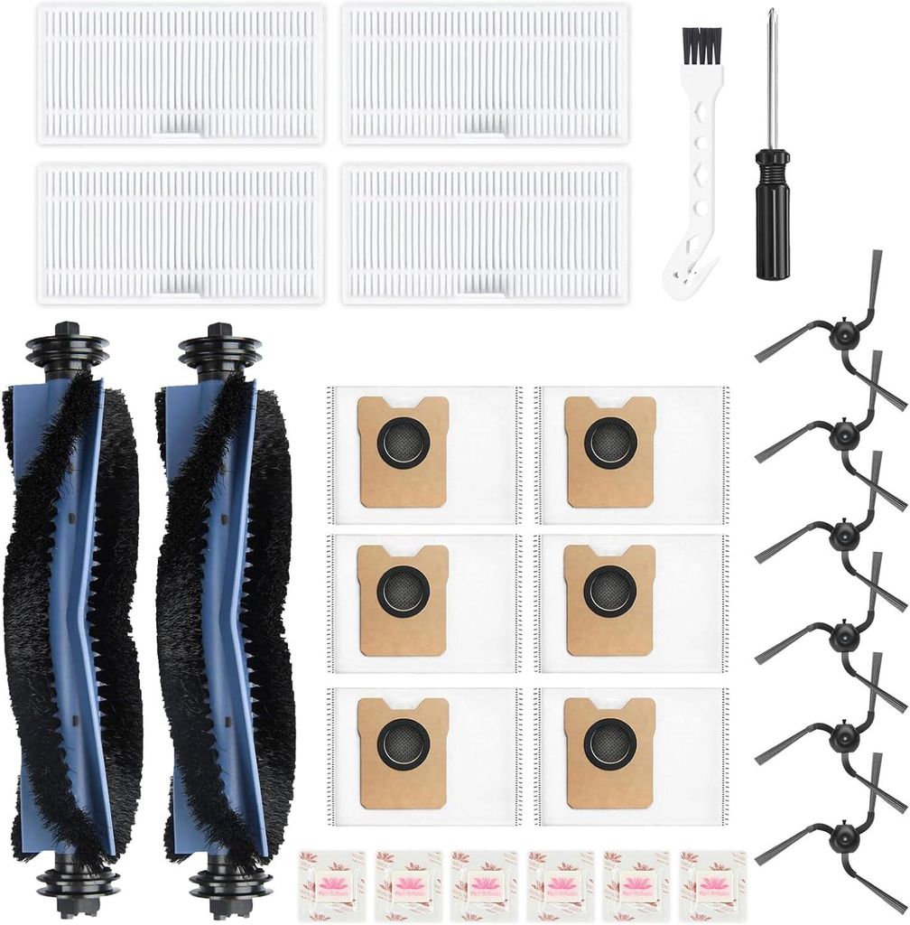 26 Pack Zubehör für Eufy C10 Saugroboter - Enthält: 2 Hauptbürsten, 4 Filter, 6 Seitenbürsten, 6 Staubbeutel, 6 Flach-Duftstein, 1 Reinigungsb...