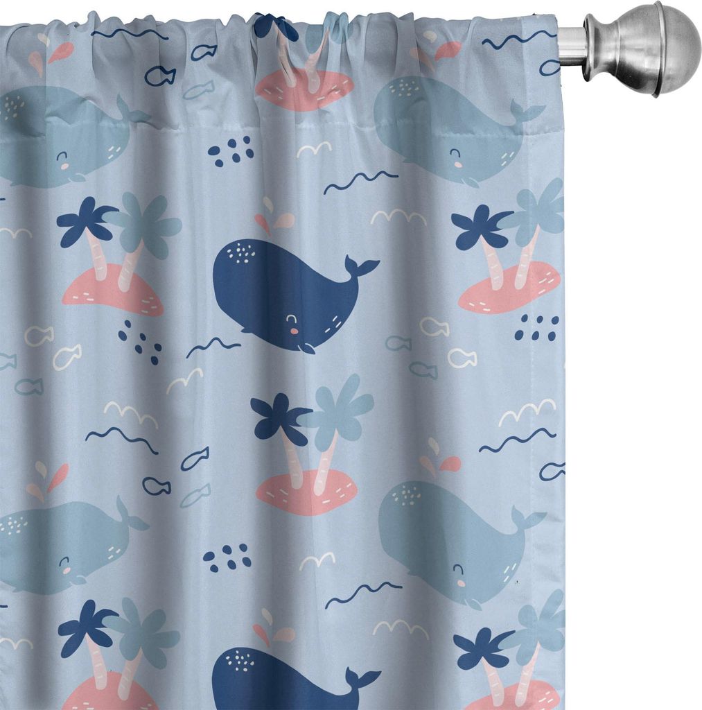 ABAKUHAUS Unterwasser- Vorhänge, Gardinen, Childish Whale Charaktere Schwimmen im Meer Insel Ozean Palmen, 2 Stück 75 x 175 cm, Coral und Ceil Blau