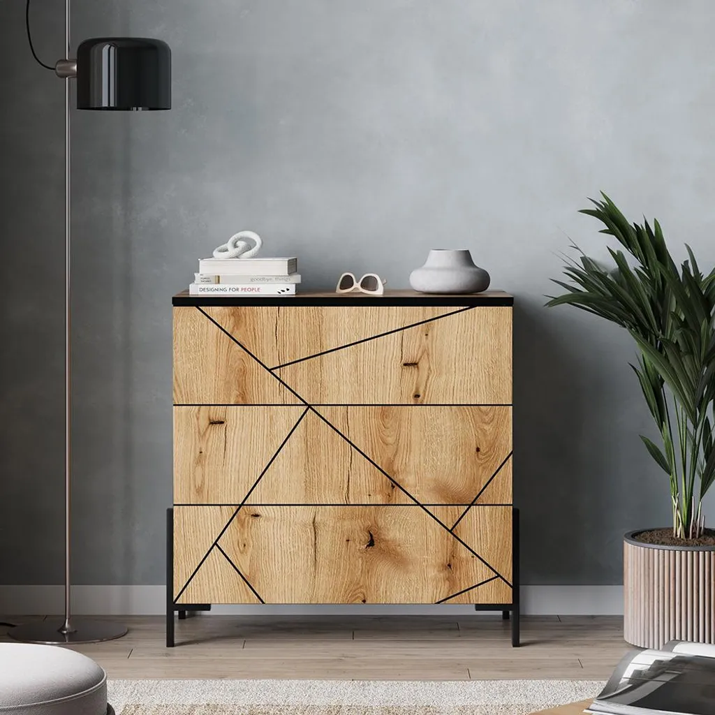 Vicco Cassettiera Hatto 78x77 Rovere - 3 Cassetti Design Scandinavo