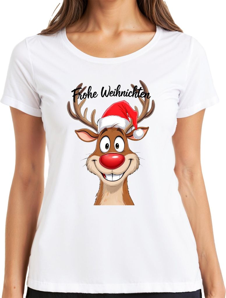 Frohe Weihnachten Rentier Rudolph Cartoon Lustig Weihnachtsmütze Damen T-Shirt, Weiß, M