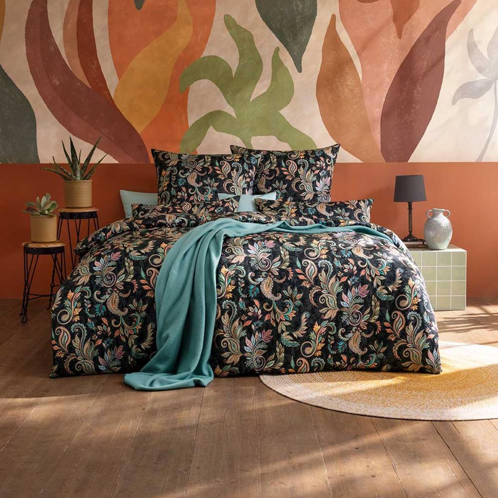 Estella Mako-Satin Bettwäsche 155x220 Regina schwarz Paisley Blätter 7681-985
