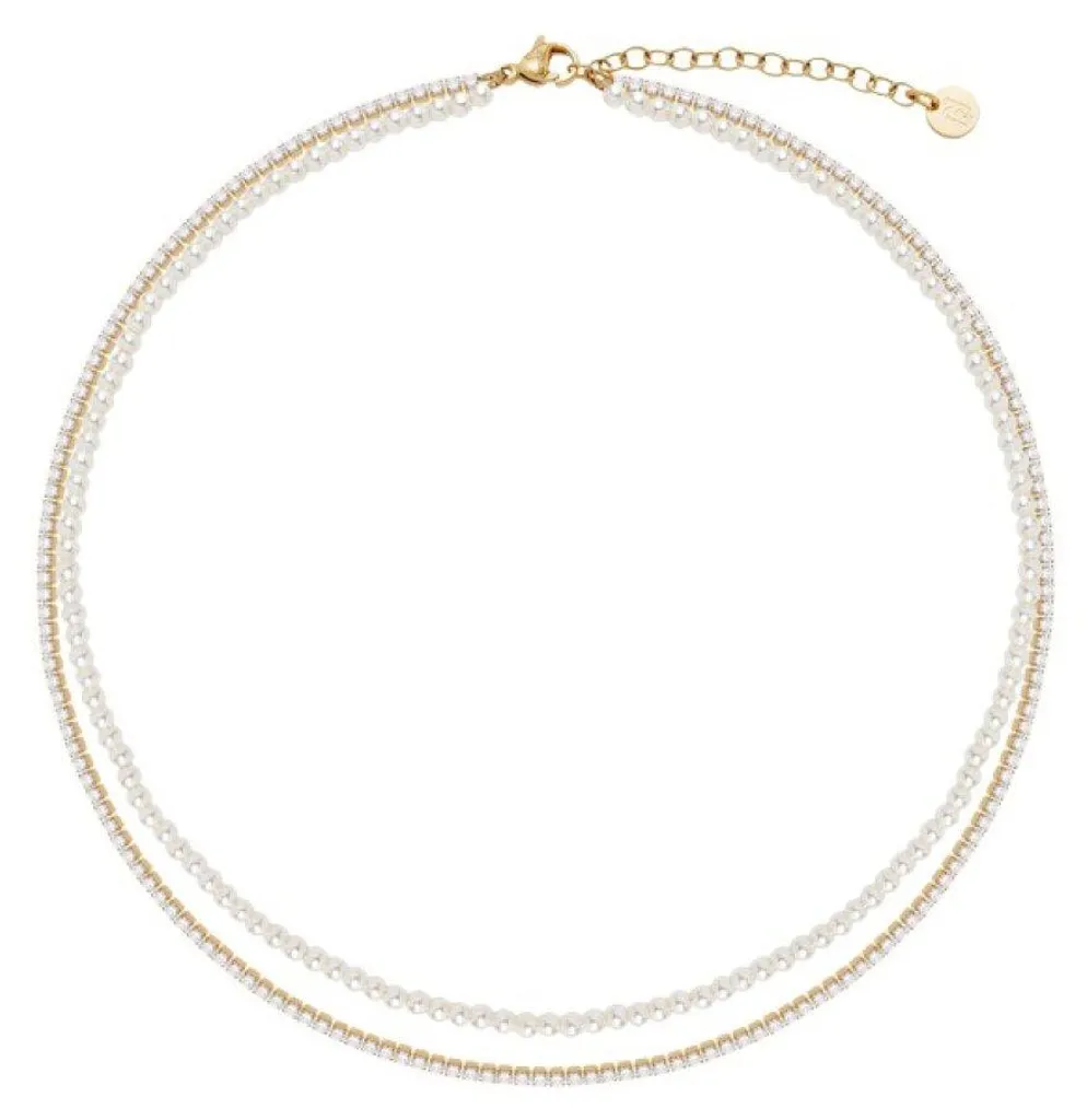 Collier plaqué or double rang perles nacrées LJ3026 - Finition Luxe