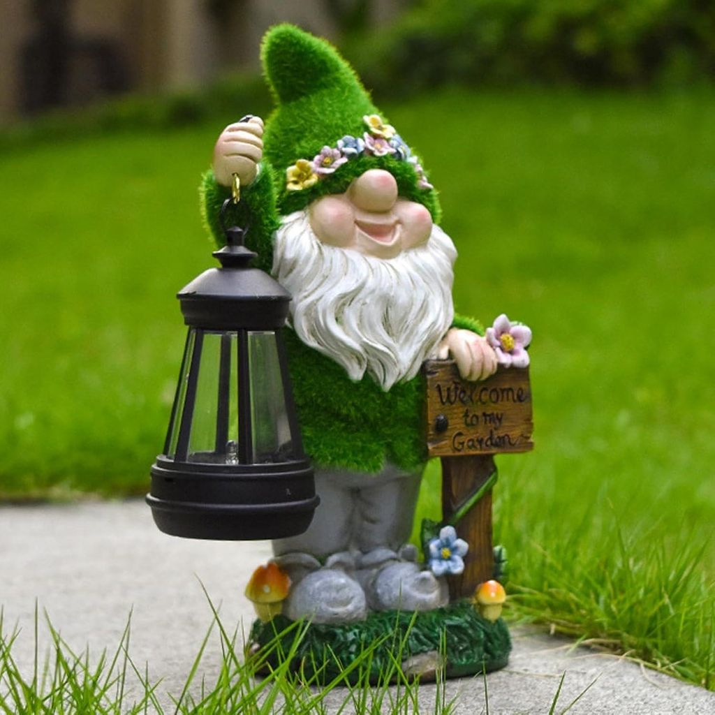 Gartenzwerg-Statue, wasserfeste Zwergenfigur mit Solarbeleuchtung, Gartenzwerg-Figur zur Dekoration von Terrasse, Balkon, Garten und Rasen