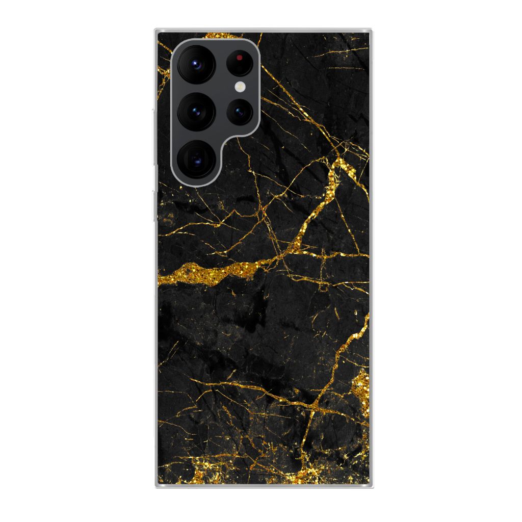 MuchoWow Handyhülle Schutzhülle Hülle für Samsung Galaxy S22 Ultra Marmor - Gold - Schwarz - Marmoroptik - Luxus - Glitzer Silikon Softcase H...