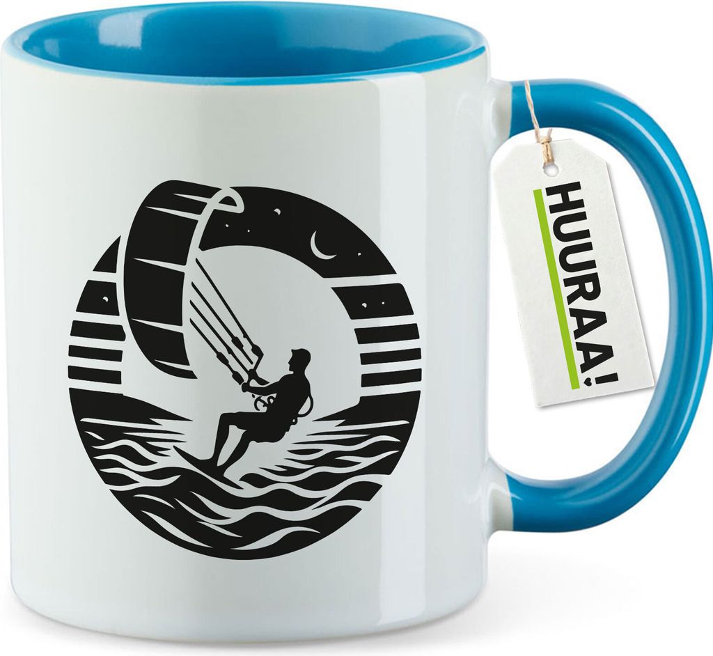 Huuraa Kaffeetasse Kite Board Kitesurfing 330ml Blau Keramik Kaffeebecher Geschenkidee