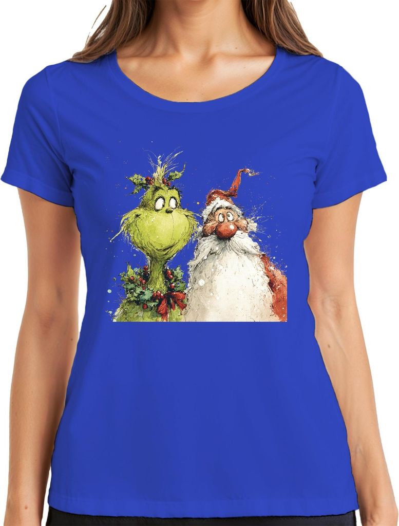 Grinch Weihnachtsmann lustig Weihnachten Geschenk Bart Retro Damen T-Shirt, Blau, M