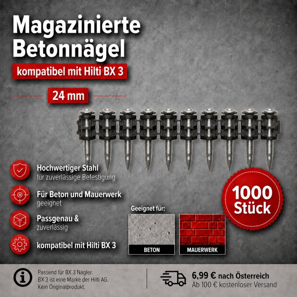 Betonnägel 24 mm – 1000 Stück kompatibel mit Hilti BX 3 – Produktbild 
