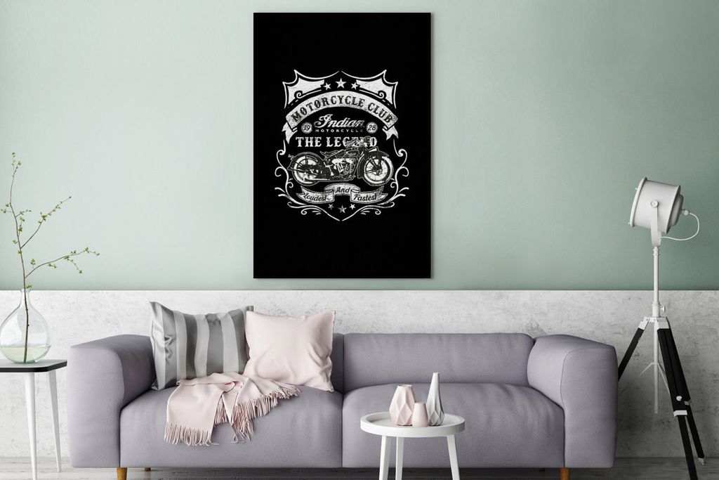 OneMillionCanvasses - Leinwandbilder - 90x140 cm, Retro-Illustration für einen Motorradclub auf schwarzem Hintergrund, Wandbilder Kunstdruck Wan...