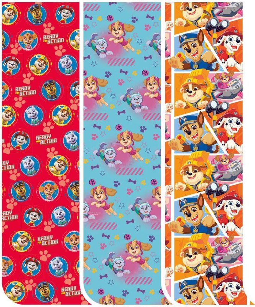 A collage of three different Paw Patrol themed wrapping paper designs.