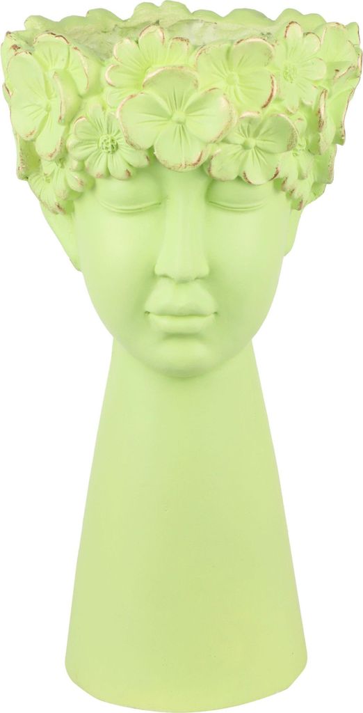 FURNARO Pflanzobjekt Flora - Dekorativer Kopf mit Blumenkranz aus Kunststoff in Limettengrün, 33 cm Höhe