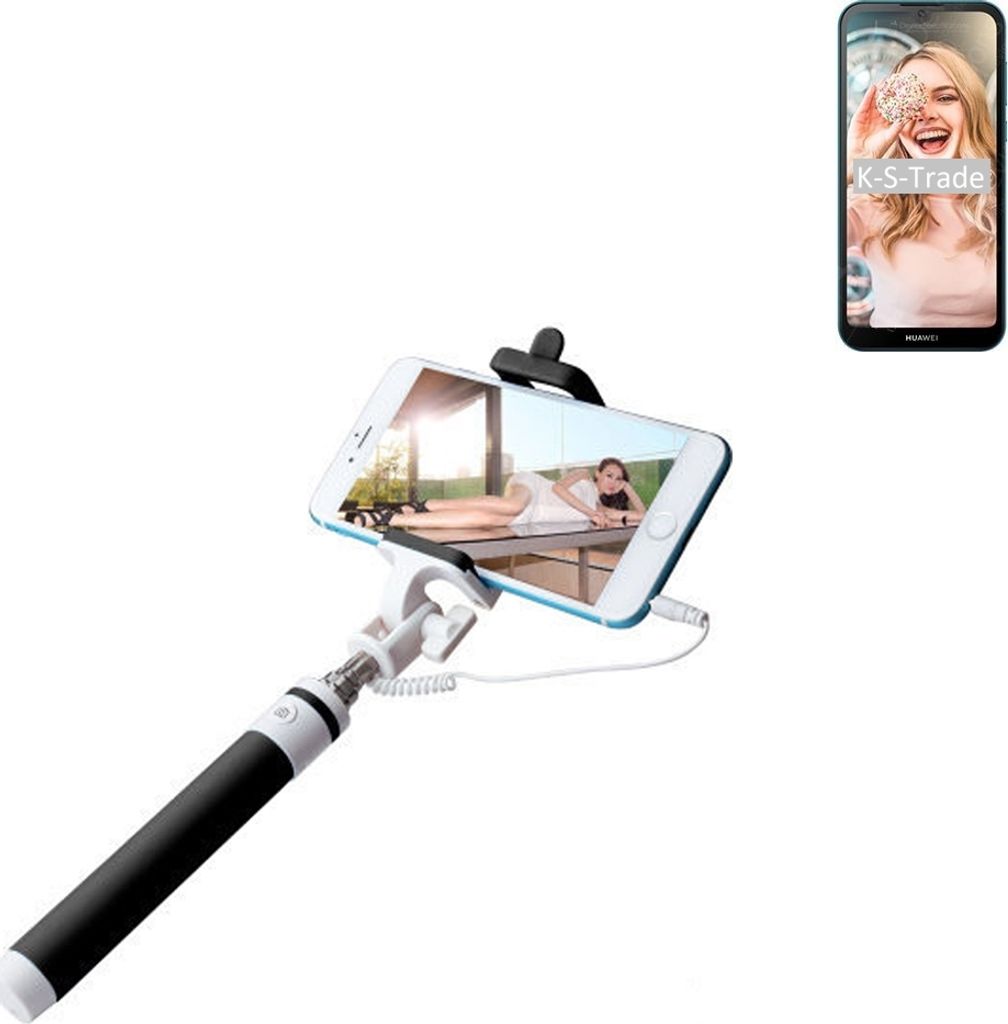 K-S-Trade Selfie Stick kompatibel mit Huawei Y5 2019 Selfiestick kabelgebunden Monopod mit Kabel Stab Stange Selfportrait Handheldstick schwarz 1x